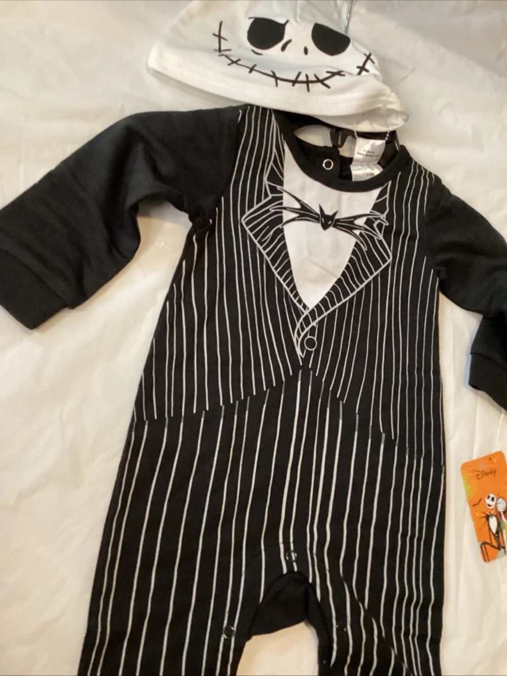 Disney Black & White Jack Skellington Pinstripe Baby Footie with Hat - Picture 4 of 5